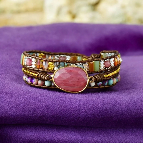 Triple Wrap Leather Bracelet Rhodonite Jasper Crystal Beads Boho Chic Jewelry - Picture 10 of 13